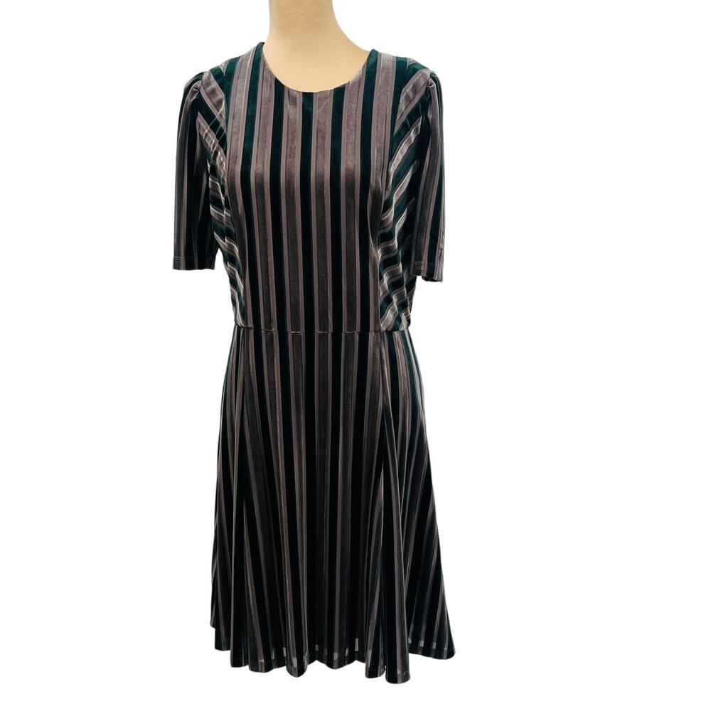 MAGGIE LONDON Striped Burnout Velvet Fit N Flare Knee Length Dress 12 Office